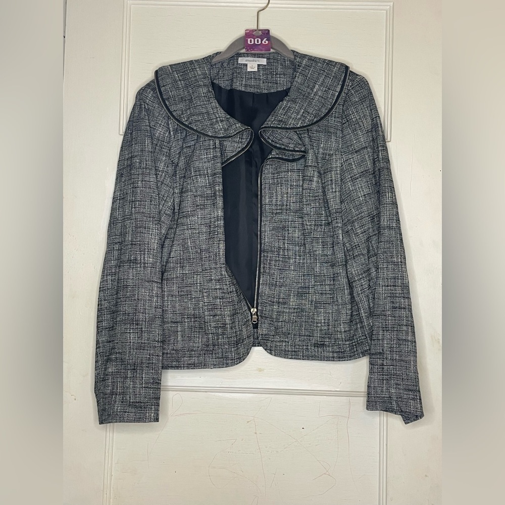 Dressbarn Women’s Size Large Ruffle Collar Tweed Zip Up Jacket • GUC